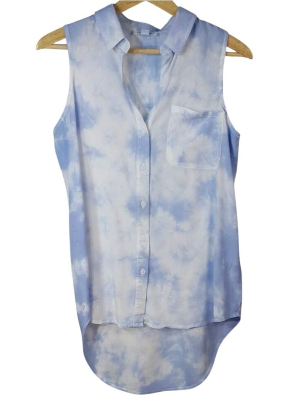 Beach Lunch Lounge Button Top Blue White Small Collar Hi Lo Pocket Sleeveless